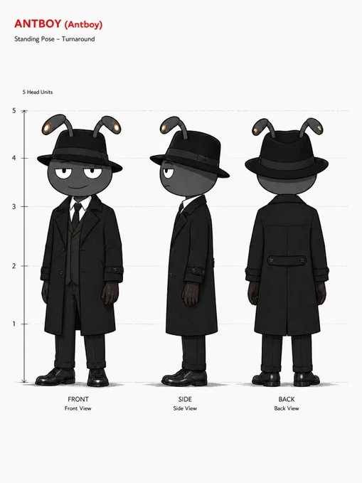 A character design turnaround sheet for 'ANTBOY (Antboy)' in a standing pose, showing front, side, and back views of an ant-like character wearing a black trench coat and fedora.