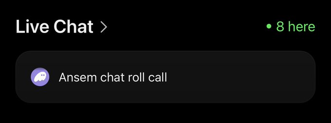 A "Live Chat" interface displays 8 active participants and highlights a message from user "Ansem" titled "chat roll call," corresponding to the post's mention of a livestream event where Cash will be randomly sent to users with Phantom usernames participating in the Ansem token chat.