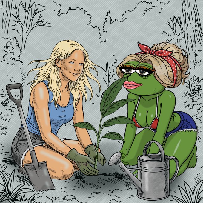 The image features a cartoon illustration of two women gardening, with one woman planting a tree while the other holds a watering can. The scene takes place outdoors, surrounded by trees and bushes. The caption for the image reads "Welcome to Anoncoin Sarah. @filfcoin @anoncoinit". This suggests that the image is related to the post about Anonymous or Anoncoin, which might be discussing the concept of anonymity in various contexts.