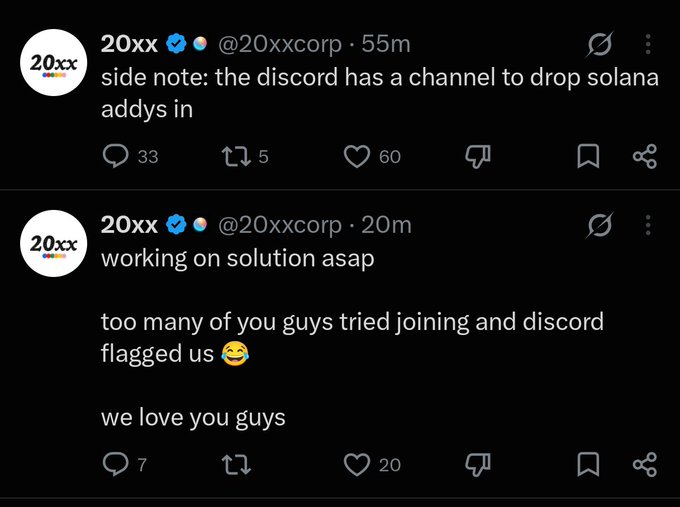 Two tweets from @20xxcorp (verified) about a Discord channel for Solana addresses and a temporary issue with too many users joining causing Discord to flag them.