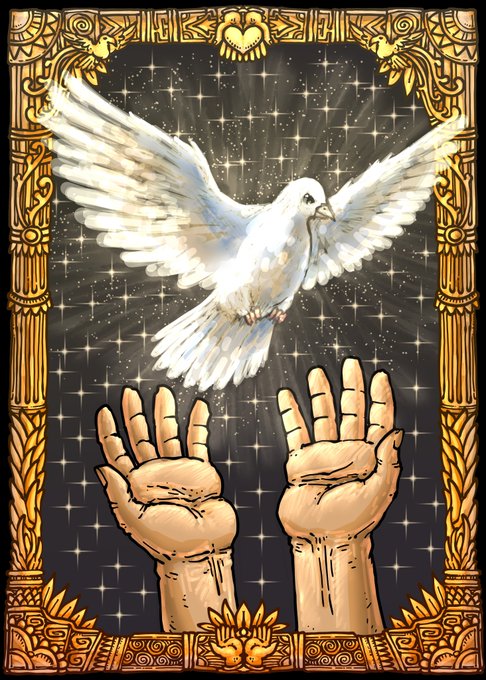 A tarot card illustration depicting two open hands reaching upward toward a white dove with spread wings against a starry background, framed by ornate gold borders.