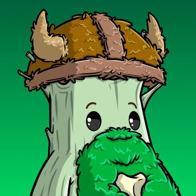 A cartoon illustration of a cute tree character with eyes, wearing a furry brown hat with horns, and holding green leafy foliage.