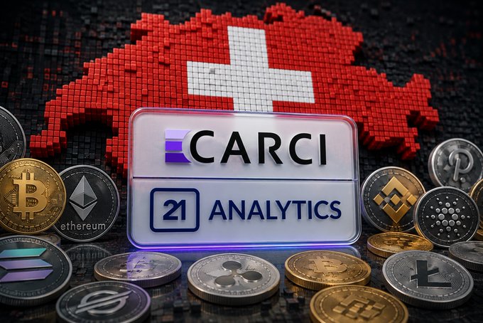 A promotional image displaying 'CARCI' and '21 ANALYTICS' in front of a 3D Swiss flag made of red cubes, surrounded by various physical cryptocurrency coins including Bitcoin and Ethereum.