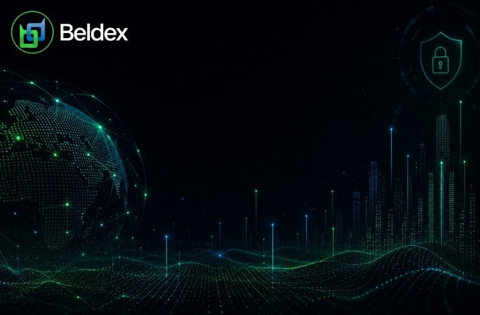 A promotional banner for Beldex featuring a digital globe, network data visualizations, and a shield icon against a dark background with green and blue accents.