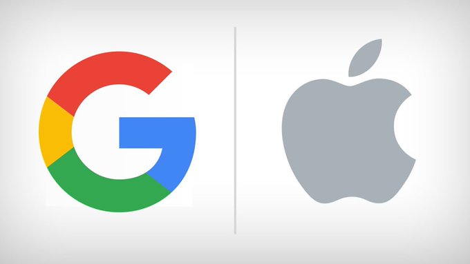 The image displays the Google "G" logo on the left and the Apple logo on the right, separated by a vertical divider, visually representing the two tech giants mentioned in the article as they actively recruit talent in stablecoins and blockchain payments.