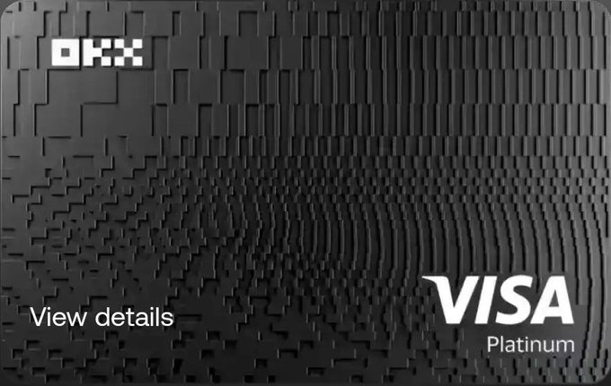 A sleek black OKX Visa Platinum card featuring an embossed geometric pattern and "View details" text in the corner, complementing the post about using the OKX Card for seamless global shopping and subscription payments across various platforms.
