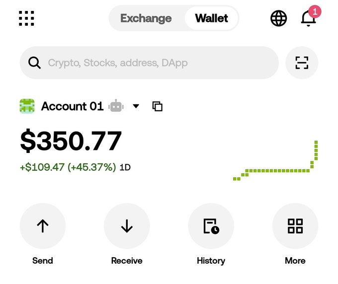 A clean crypto wallet app interface showing 'Account 01' with a balance of $350.77 (+$109.47, +45.37% in 1D), with options for Send, Receive, History, and More.
