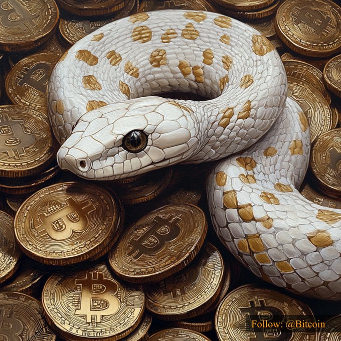 A white and gold snake coils atop a pile of gold Bitcoin coins, symbolizing the slithering, unpredictable nature of Bitcoin's market—particularly as the price sits at $77,474.58, as captioned in the post.