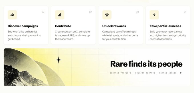 A website screenshot displaying four numbered service tiles: 'Discover campaigns', 'Contribute', 'Unlock rewards', and 'Take part in launches', above the text 'Rare finds its people'.
