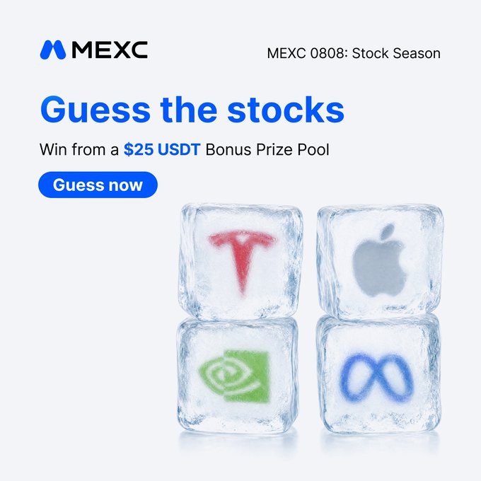 A MEXC advertisement for 'MEXC 0808: Stock Season' featuring 'Guess the stocks' with a $25 USDT Bonus Prize Pool and a 'Guess now' button, showing frozen ice cubes with Tesla, Apple, NVIDIA, and Meta logos.