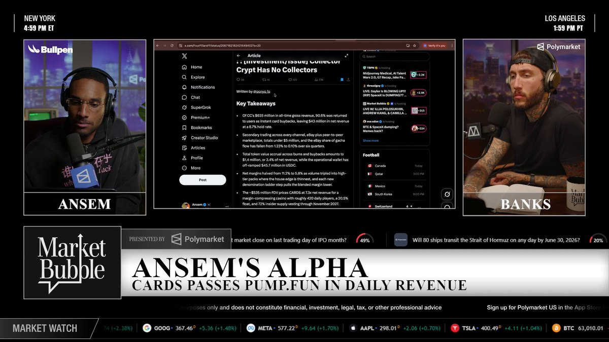 The image shows a computer screen displaying two different news articles, one of which is about pumpkins being used as payment for a card game called "Pumpfyn". The other article is titled "Anem's Alpha Cards Passes Pumpfs in Daily Revenue" and it appears to be discussing the value of trading cards.

The image also includes a person wearing headphones who seems to be watching or listening to something on their computer screen, possibly related to the news articles displayed.