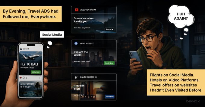 Marketing graphic illustrating targeted advertising where a young man is shown travel ads on social media, video platforms, news websites, and online shopping, with the beldex.io watermark in the corner.