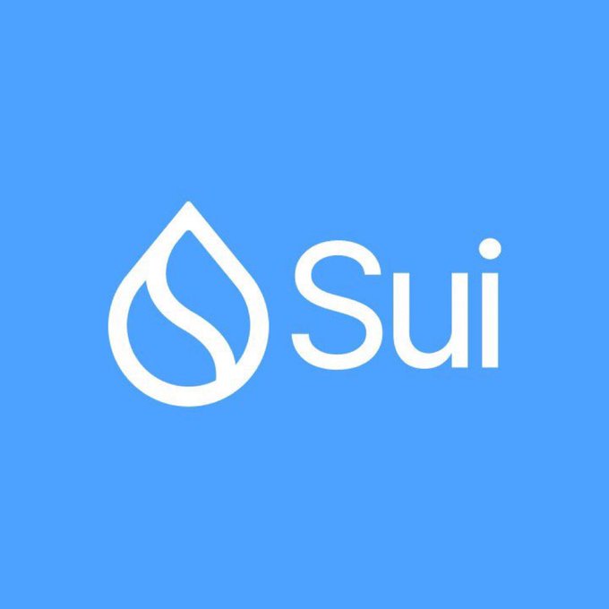 The logo for the Sui cryptocurrency/blockchain platform, featuring a white water drop icon with a wave design alongside the text "Sui" on a light blue background.