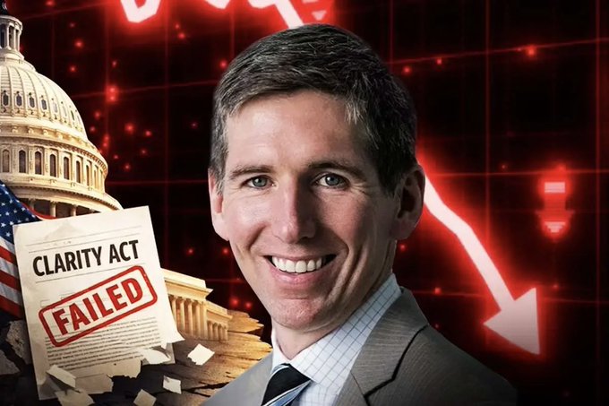 A smiling Matt Hougan is featured prominently in the image against a backdrop of the U.S. Capitol building and a downward-trending red stock chart, with a document marked "CLARITY ACT FAILED" stamped in red, visually reinforcing the post's headline about the Bitwise CIO's argument that crypto will be fine even if the Clarity Act fails.