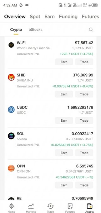 Screenshot of a crypto trading app showing an Overview tab with cryptocurrencies listed: WLFI (+3.75%), SHIB (+0.43%), USDC, SOL (+3.75%), and OPN (+--%).