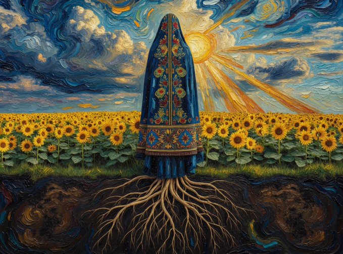 A Van Gogh-style painting depicting a hooded figure with floral embroidery and visible roots standing in a sunflower field under a swirling sky with a radiant sun.