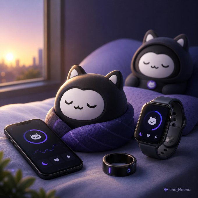 Two cute black cat-like hooded plushies sit on a bed with a smartphone, smartwatch, and smart ring, all displaying purple cat-themed interfaces, signed 'chefNnena'.