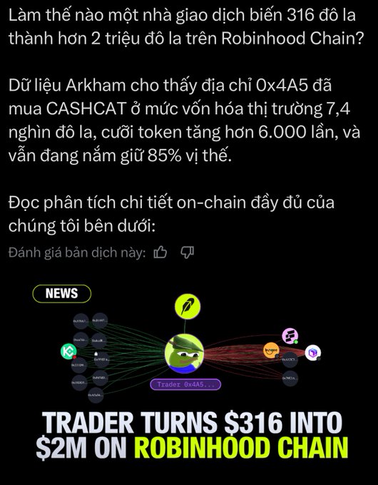 A Vietnamese language article about a trader turning $316 into $2M on Robinhood Chain, featuring a diagram of the 'Trader: 0x4A5' token transactions and the headline 'TRADER TURNS $316 INTO $2M ON ROBINHOOD CHAIN'.