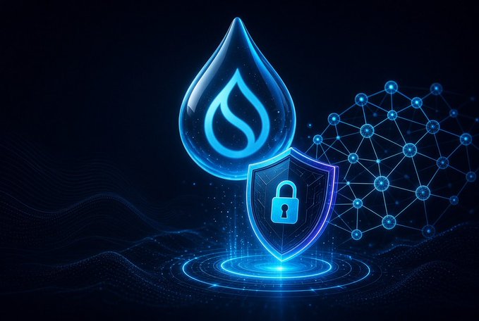 A glowing blue water droplet containing a flame icon sits above a shield with a padlock, accompanied by a network of connected nodes, symbolizing blockchain security and decentralized infrastructure. The imagery visually reinforces the post's announcement about Sui's quantum-resistant transaction milestone, with the shield representing cryptographic protection against future quantum threats.