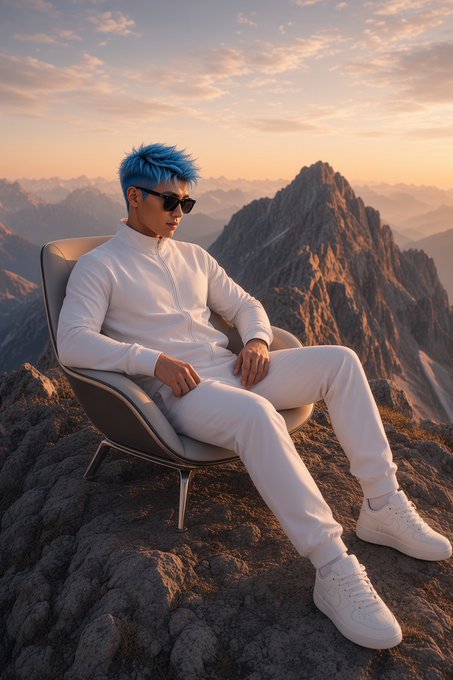 A stylish young man with vibrant blue hair, wearing an all-white tracksuit and dark sunglasses, sits relaxed in a modern chair atop a rocky mountain peak at sunset. The image evokes a sense of triumph and fresh beginnings, perfectly complementing the post's uplifting "gM" (good morning) message of optimism and hope for the new month ahead.