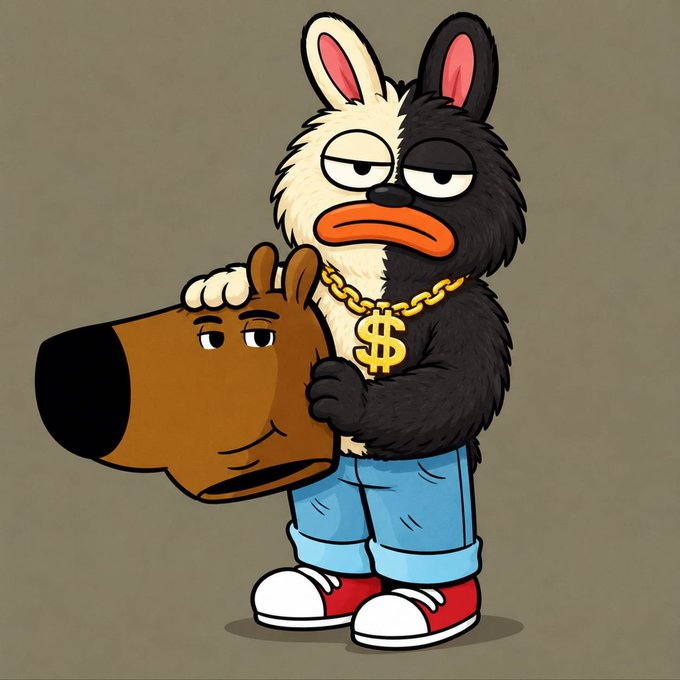 A cartoon rabbit/husky hybrid wearing a gold dollar-sign chain and red sneakers holds a brown hand puppet under its arm, fittingly symbolizing a crypto "puppet" scheme as the post asks users to submit their $SOL wallet addresses for a suspicious 2,000-person airdrop that likely aims to drain funds.