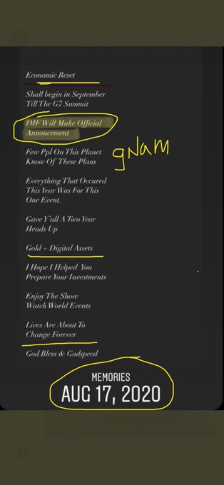 Dark-themed promotional post dated 'AUG 17, 2020' referencing 'Economic Reset', G7 Summit, and 'Gold - Digital Assets' investment preparations, with handwritten 'gnam' note.