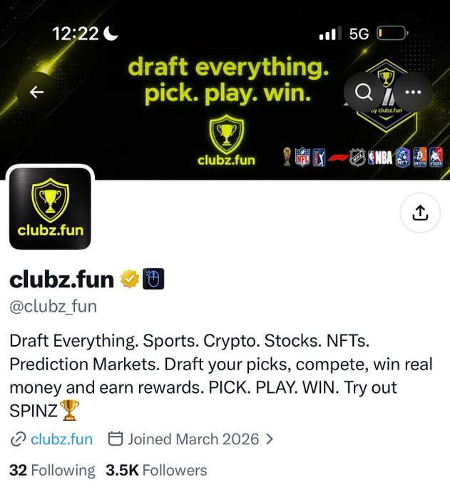 Screenshot of the Clubz.fun X/Twitter profile showing their banner "draft everything. pick. play. win." with logos for NFL, NBA, MLB, NHL, and crypto sports, and bio describing a prediction market platform where users draft picks to win real money—matching the post announcing a free-mint collaboration with Clubz.fun.