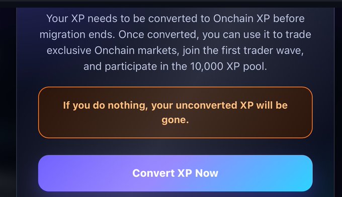 The image shows a screen displaying instructions for converting XP into Onchain XP, which has been recently posted on the Exchange API. The text instructs users to convert their XP to Onchain XP before migration ends or by participating in exclusive Ochain market trading events, where they can use to trade their XP at the beginning of the trader's first wave. Additionally, there is an option to participate in a 10k XP pool on the Exchange API, which offers various incentives for users to join and contribute to the pool.