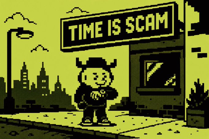 A pixel art illustration shows a horned character standing on a city street under a billboard that reads 'TIME IS SCAM'.