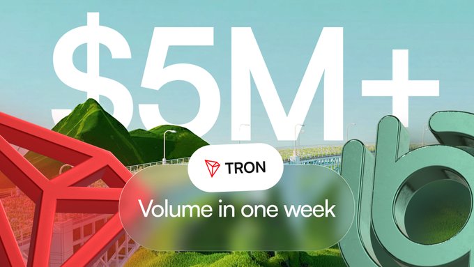 A promotional graphic displaying '$5M+ TRON Volume in one week' over a colorful landscape background.