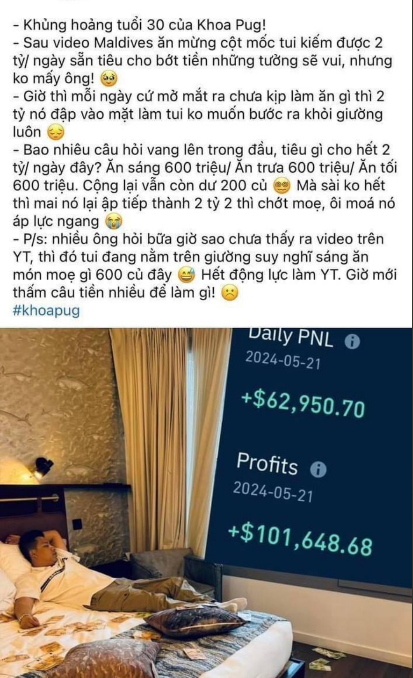 Vietnamese social media post celebrating Khoa Pug's 30th birthday, displaying a screen showing 'Daily PNL 2024-05-21 +$62,950.70' and 'Profits 2024-05-21 +$101,648.68' with a man lying on a bed beneath the numbers.