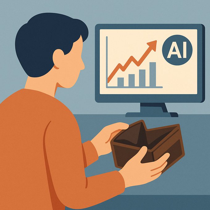 An illustration shows a person holding an empty wallet while looking at a computer monitor displaying an upward-trending chart and the text 'AI'.