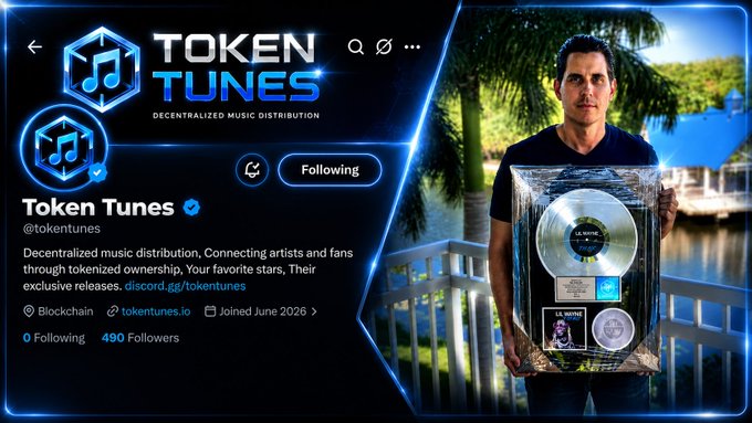 A Twitter/X profile for 'Token Tunes' (@tokentunes), described as decentralized music distribution via tokenized ownership, featuring a man holding a Lil Wayne platinum record.