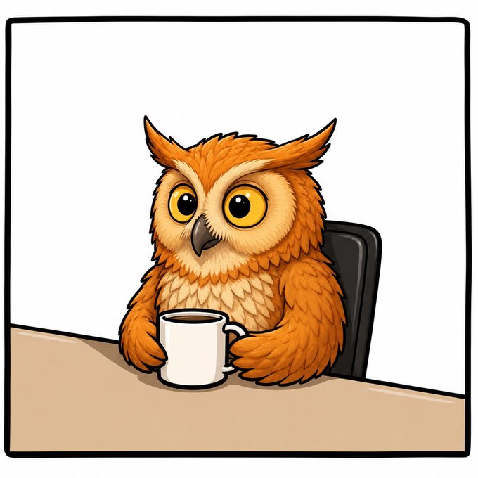 A cartoon illustration of an orange owl with large yellow eyes sitting at a desk holding a white coffee mug.