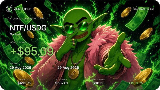 A Telegram bot promotional image for 'ZENITH LP' showing a closed trade on NTF/USDG with a 20m hold, featuring a green goblin character wearing sunglasses and a pink fur coat, displaying a profit of +$95.09 (+19.30%) with $98.33 in fees earned (t.me/zenith_lp_bot).