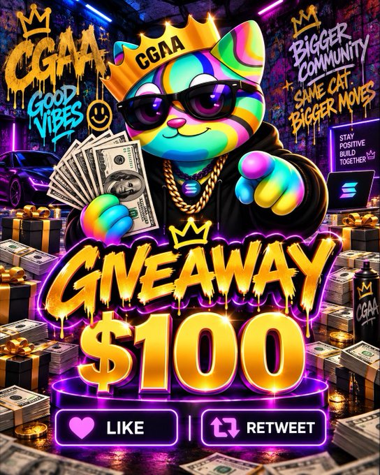 The image is a vibrant, neon-style giveaway graphic featuring a rainbow-colored cat mascot wearing a gold "CGAA" crown, sunglasses, and a chain, holding fanned-out cash and pointing at the viewer. Bold gold text reads "GIVEAWAY $100," with surrounding graffiti-style slogans like "Good Vibes," "Bigger Community, Same Cat, Bigger Moves," and "Stay Positive, Build Together," plus a "LIKE | RETWEET" call-to-action bar — promoting a $100 crypto giveaway that matches the post's instructions to like and retweet within 72 hours.