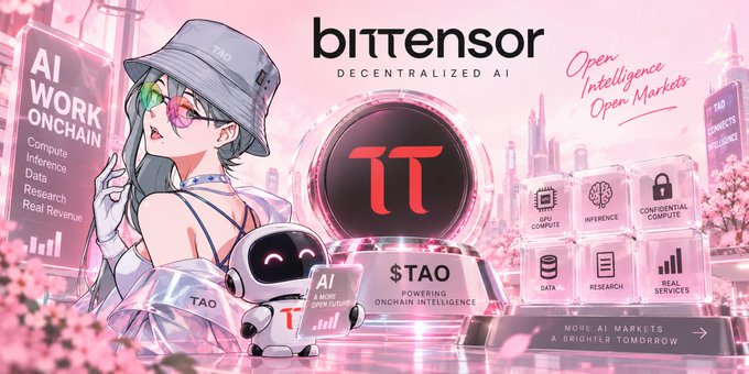 Promotional banner for BitTensor ($TAO) branding it as "Decentralized AI" and "Open Intelligence, Open Markets," featuring an anime-style character alongside text highlighting the AI Work Onchain's subnet categories—Compute, Inference, Data, Research, and Real Revenue—mirroring the post's emphasis on TAO as a marketplace where onchain machine work, including GPU compute, inference, and research, gets priced.