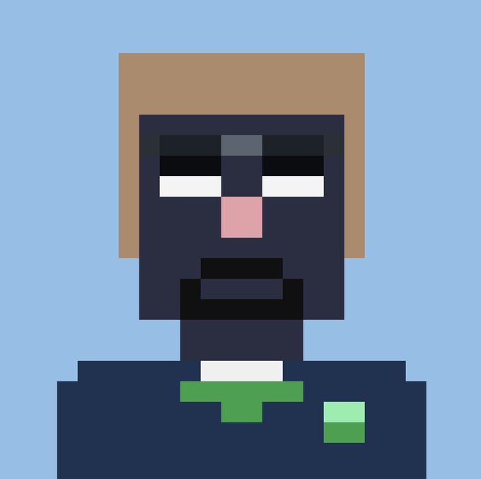 A pixel art character with an open-mouthed smile wears a suit jacket featuring a green and white emblem, accompanied by the text "Gm Clock in" to greet the start of a new day.