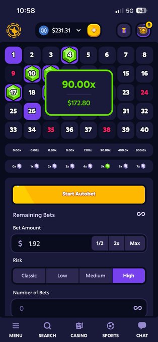 A mobile screenshot of a Roobet Mines game showing a 90.00x multiplier win worth $172.80, with autobet settings configured at a $1.92 bet amount on High risk mode. The image illustrates a successful gambling outcome on the Roobet platform, aligning with the post's invitation for users to share their usernames to receive tips.