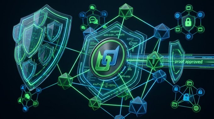 Digital illustration featuring a central green and blue logo surrounded by shields, cryptographic symbols, and network nodes, with text 'proof approved'.