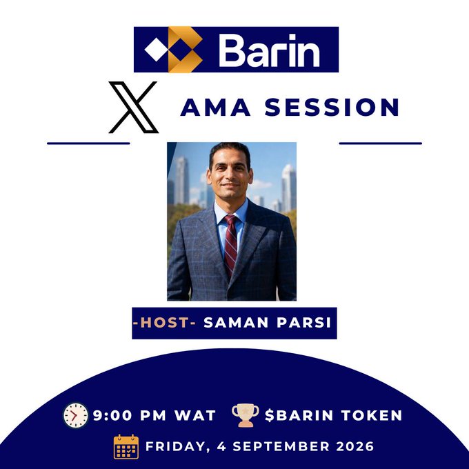 A promotional graphic for a 'Barin X AMA SESSION' hosted by Saman Parsi, scheduled for 9:00 PM WAT on Friday, 4 September 2026, featuring $BARIN token as a prize.