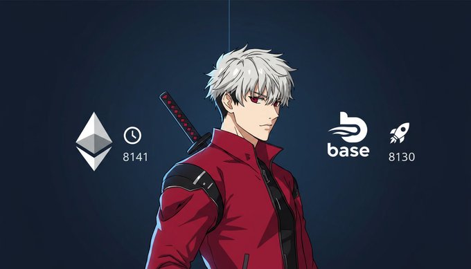 An anime character with white hair and red eyes wearing a red jacket, flanked by the Ethereum logo with a value of 8141 and the Base logo with a rocket icon and value of 8130.