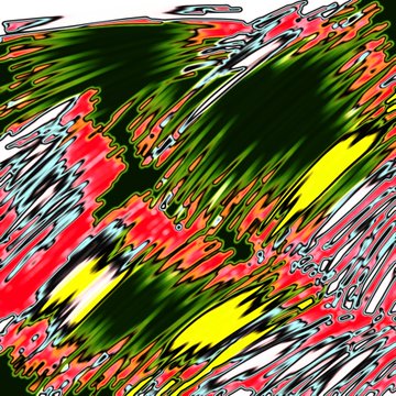 An abstract digital artwork with swirling, distorted patterns of red, green, yellow, black, and white lines.