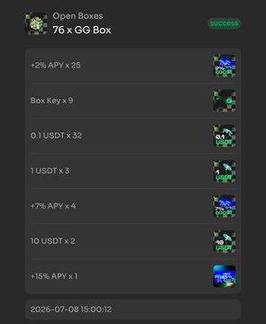 A 'success' screen for opening a '76 x QQ Box' listing rewards including +2% APY x 25, Box Key x 9, 0.1 USDT x 32, 1 USDT x 3, +7% APY x 4, 10 USDT x 2, and +15% APY x 1, with a timestamp of 2026-07-08 15:00:12.