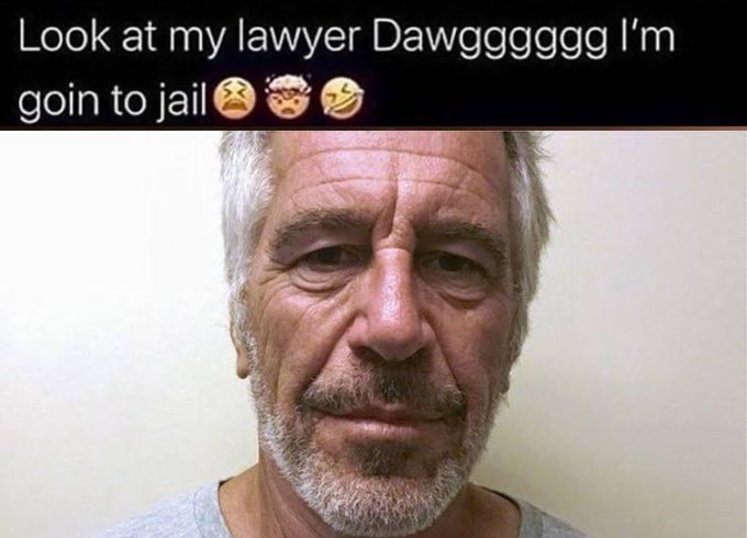 A mugshot of an older man with gray hair and a mustache appears beneath the caption "Look at my lawyer Dawgggggg I'm goin to jail 😫💀🤣," humorously implying the pictured individual is the "lawyer" being referenced in the post.