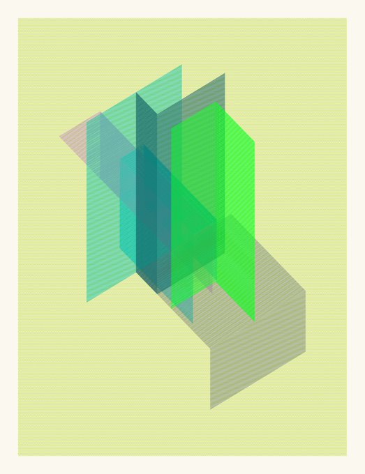 Abstract digital artwork featuring translucent green geometric planes and vertical bars layered against a pale lime-green striped background.