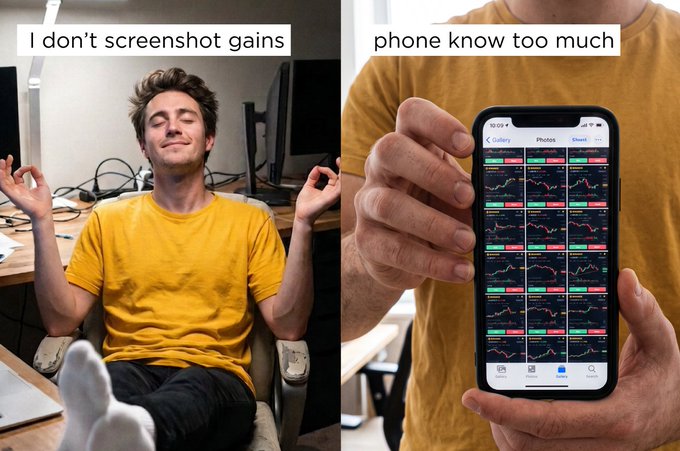 A two-panel meme showing a man in a yellow shirt meditating peacefully with the caption 'I don't screenshot gains,' followed by a second panel where he holds a phone full of stock charts with the caption 'phone know too much'.