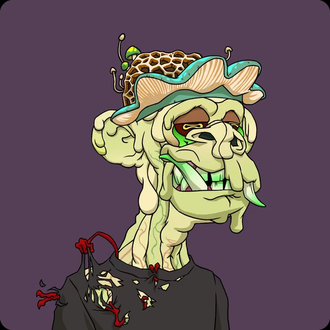 A cartoon illustration of a zombie-like creature with pale green skin, sharp fangs, and a brain exposed under a mushroom cap, wearing a tattered black shirt.