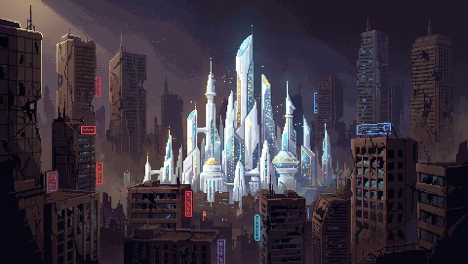 A fantasy illustration of a glowing white futuristic city with spires and domes surrounded by darker, dilapidated buildings under a cloudy sky.