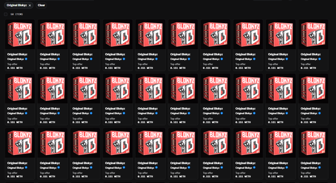 A digital marketplace interface displaying multiple identical listings for 'Original Blokyz' NFTs, each priced at 0.151 WETH.